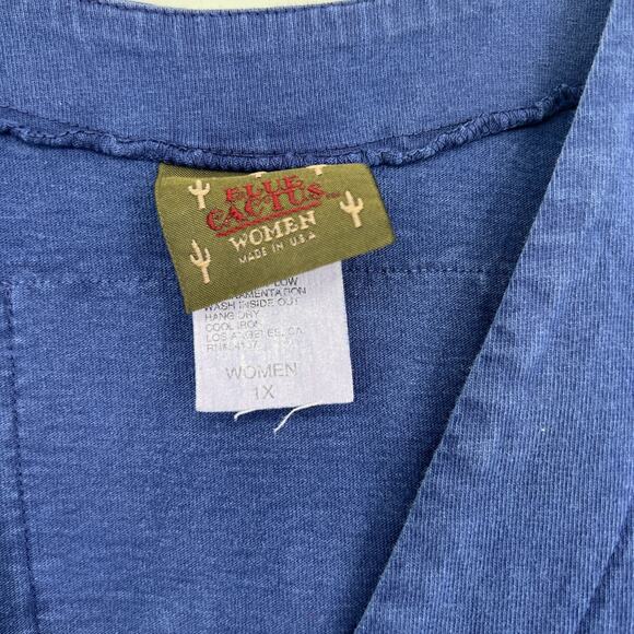 Vtg Blue Cactus Vest Womens 1X Blue Cat Lagenlook Artsy Tank Top Cottagecore - Picture 3 of 7